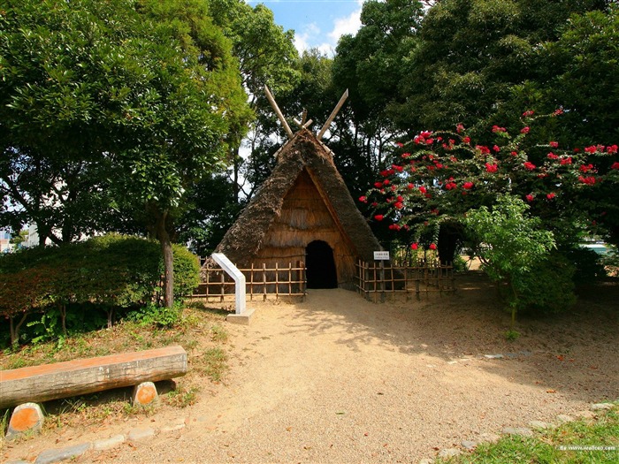 El parque presenta casas con techo de paja - papel tapiz japonés del paisaje del arte del jardín Vistas:12711