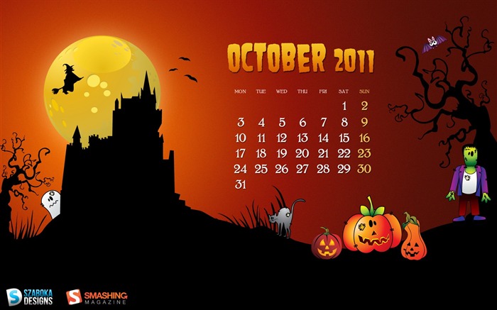 Octubre Halloween-octubre de 2011 - Fondo de escritorio calendario Vistas:12320