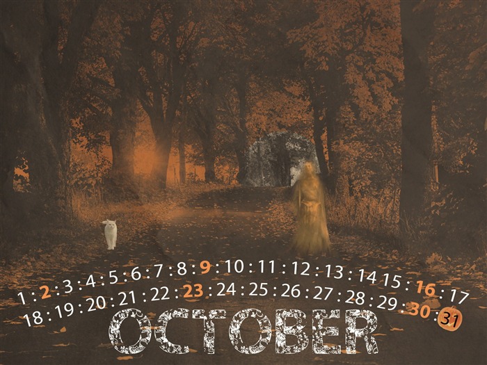 Halloween Ghost-Octobre 2011 - Desktop Calendar Wallpaper Vues:12580