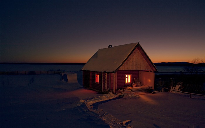 Chalet de nuit-dessus des montagnes-l'hiver le thème papier peint de bureau Vues:20374