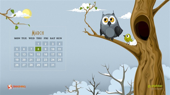 spring and owl-March 2012 calendar desktop themes wallpaper Views:12873 Date:2012/2/29 22:52:48