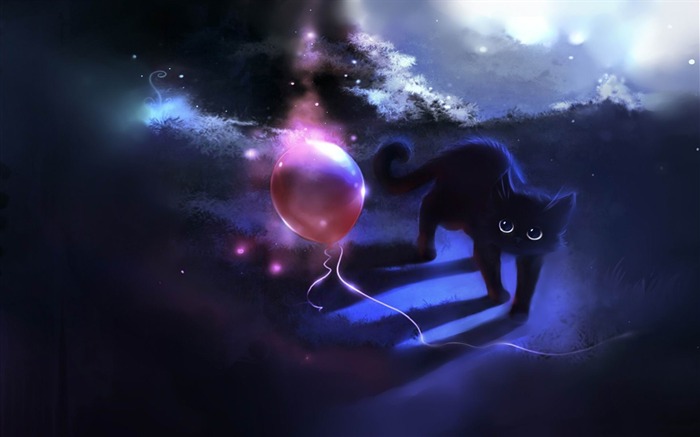 black kitty and a red balloon-Fantasy painting wallpaper Views:41407 Date:2012/7/4 19:19:47