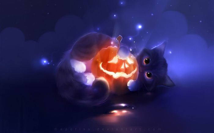 kitty playing with a pumpkin-Fantasy painting wallpaper Views:31973 Date:2012/7/4 19:26:37