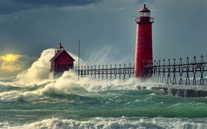 Farol de mar tempestuoso - Paisagem da praia Wallpaper Visualizações:18603