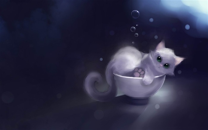 white kitty in a bowl-Fantasy painting wallpaper Views:22368 Date:2012/7/4 19:36:11