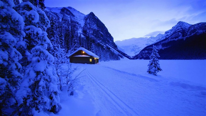 cabane dans la soirée-fond d'écran paysages d'hiver Vues:23181