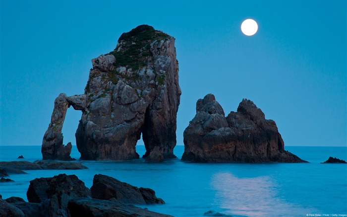 Moonset, Espanha, na baía da Biscaia - paisagem natural HD wallpaper Visualizações:14571