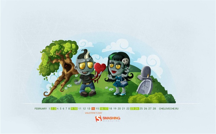 Zombie Love-February 2013 calendar desktop themes wallpaper Views:6302 Date:2013/2/1 9:54:07