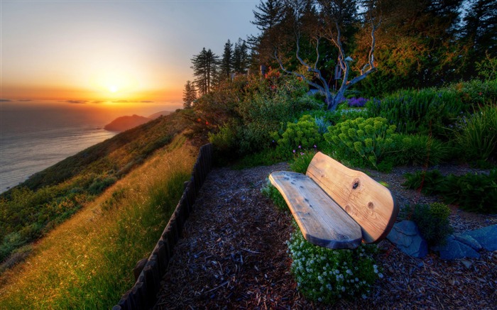 banc avec vue sur la mer coucher de soleil-Paysage naturel écran large Fond d'écran Vues:11242