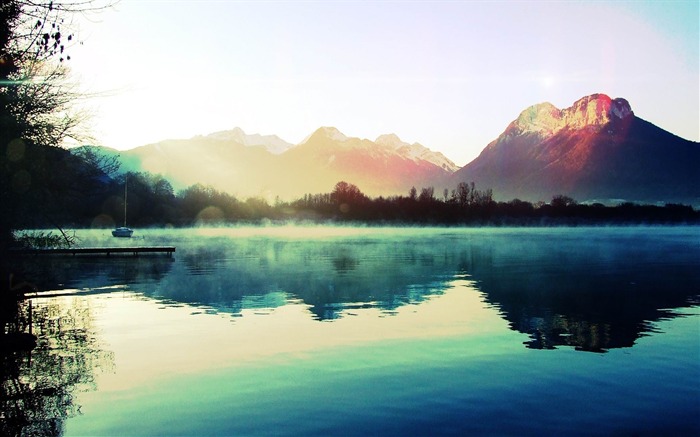 lac montagnes aurore brume fraîche-Paysages naturels HD Fond d'écran Vues:22542