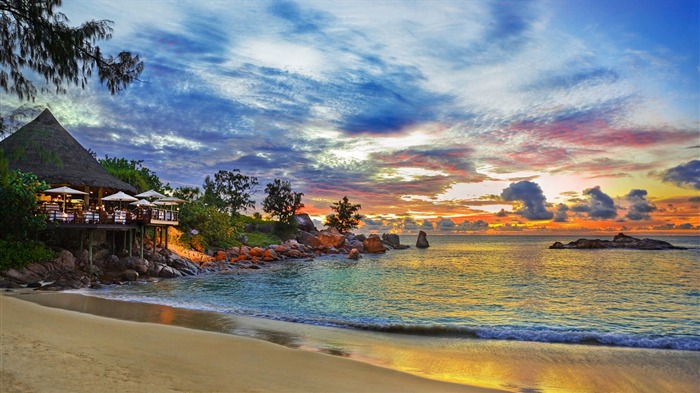 Praia ao entardecer - Ilhas Seychelles cenário HD wallpaper Visualizações:16656