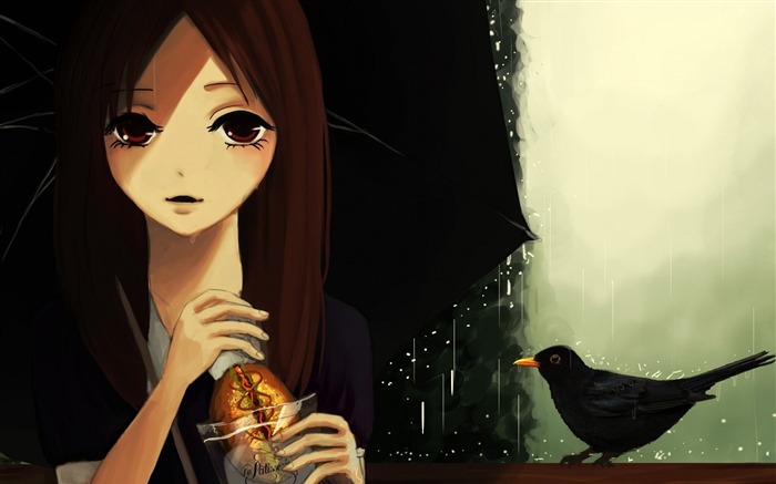 girl umbrella rain bird-HD Desktop Wallpaper Views:7318 Date:2013/12/12 7:49:51