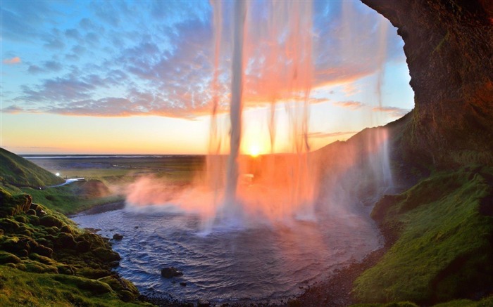 Lago de cachoeira, verão, pôr-do-sol, paisagem, HD, papel de parede Visualizações:11735