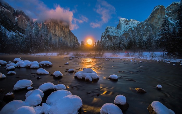 溪流雪景夕阳-风景高清墙纸 浏览:12223