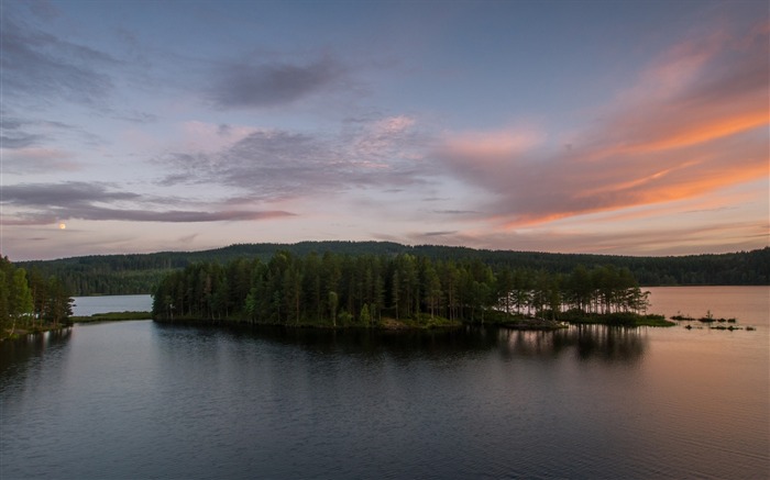 lac arbres insulaires ciel coucher de soleil-Nature HD fond d'écran Vues:7837