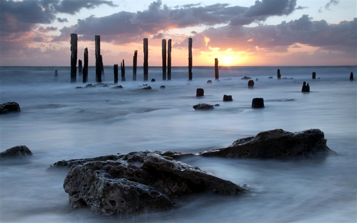 Piliers en bois ocean sunset-Nature Fond d'écran HD Vues:6488