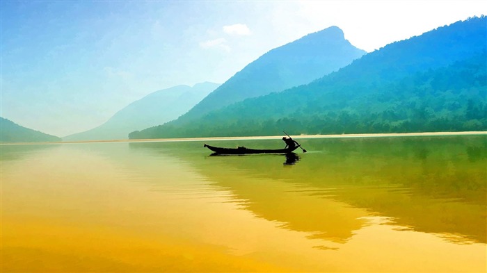 Montagnes lac bateau réflexion-Nature haute qualité Fond d'écran Vues:8376