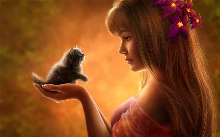 Chica y gatito anime-Widescreen fondo de pantalla de alta calidad Vistas:11389