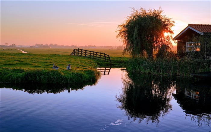 Étang maison de village du coucher du soleil-Nature Paysage HD Fond d'écran Vues:12905