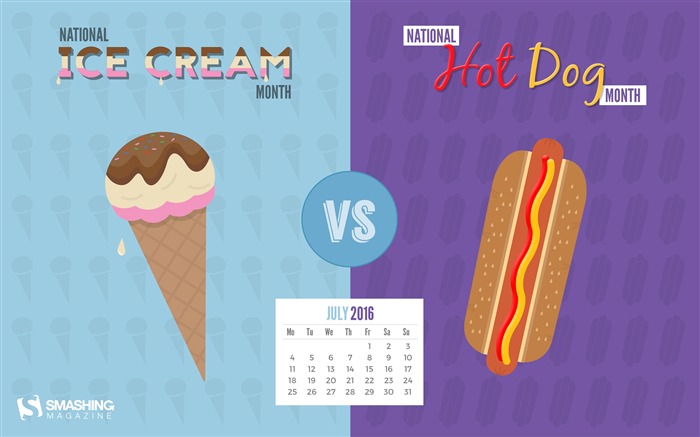 Ice Cream vs Hot Dog-Juillet 2016 Calendrier Fond d'écran Vues:9337