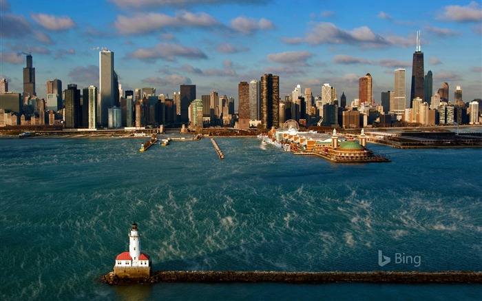 Luz del puerto de Chicago en el fondo de escritorio de Bing Bing del lago Michigan-2016 Vistas:7906