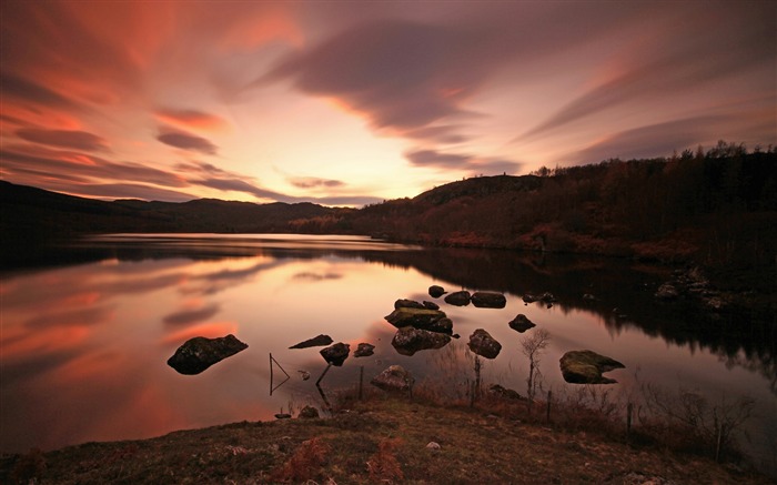 Calma, lago, costa, pedras, noite, paisagem, HD, papel de parede Visualizações:7115