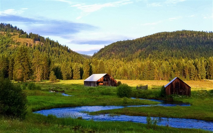 Rivière arbres montagnes herbe-paysages Haute Qualité Fond d'écran Vues:8536