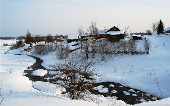 Hiver neige maison petit rivière buissons tranquillité-Fonds d'écran 2016 Nature HD Vues:8755