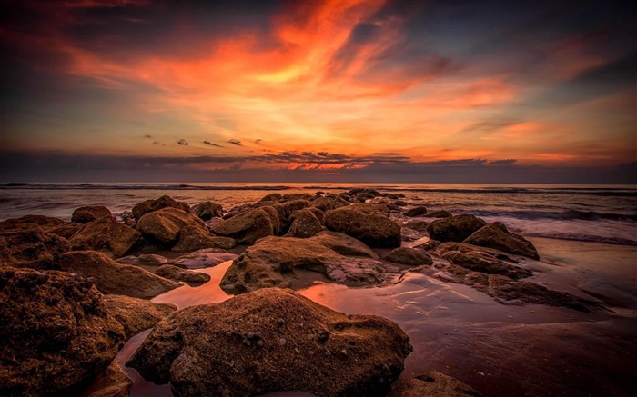 Naranja puesta de sol en la costa rocosa-Fondo de pantalla de paisajes de la naturaleza Vistas:10571