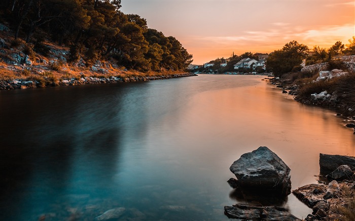 Aube, crépuscule, maison, rivière, lever de soleil Fond d'écran Nature Vues:7524