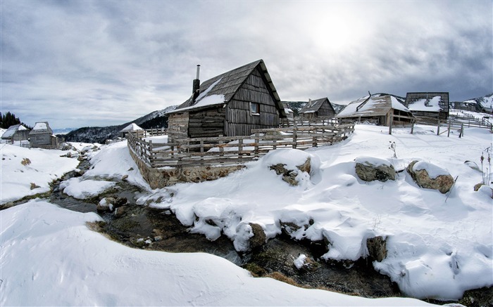 Noir,Bois,Maison,Entouré,Neige,HD,Paysage,Photographie Vues:7526