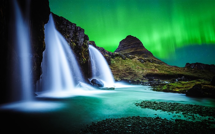 Islande, cascade, rivière, nuit, aurore, 4K, HD Vues:20781