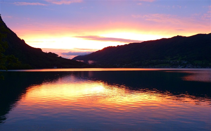 Montagne, lac, coucher de soleil, lueur, paysage Vues:9590