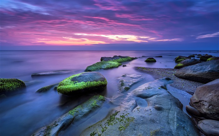 Beau, paysage marin, côte, rocher, coucher de soleil, horizon Vues:7365