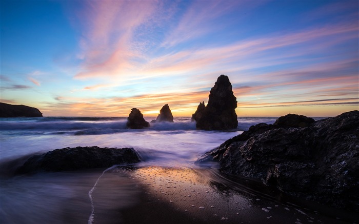 Playa, rocas, océano, puesta de sol, horizonte Vistas:10899