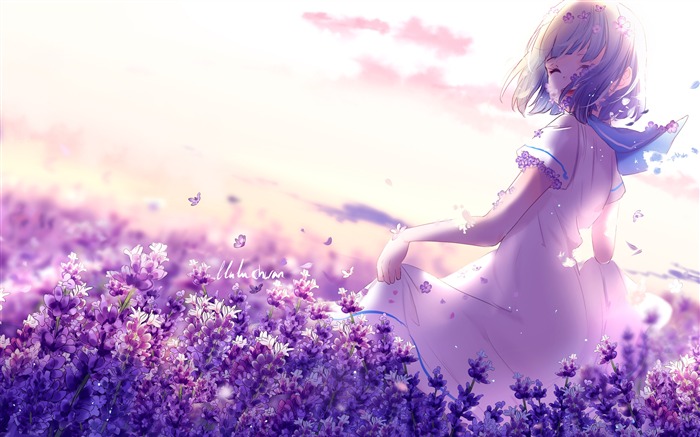 Primavera, púrpura, lavanda, flores, anime, chica Vistas:23652