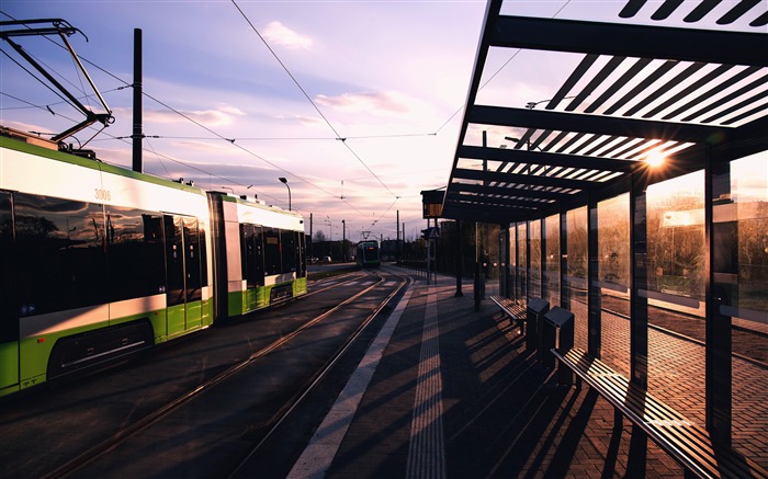 Moderno, ciudad, tráfico, tranvía, estación, puesta del sol Vistas:7742