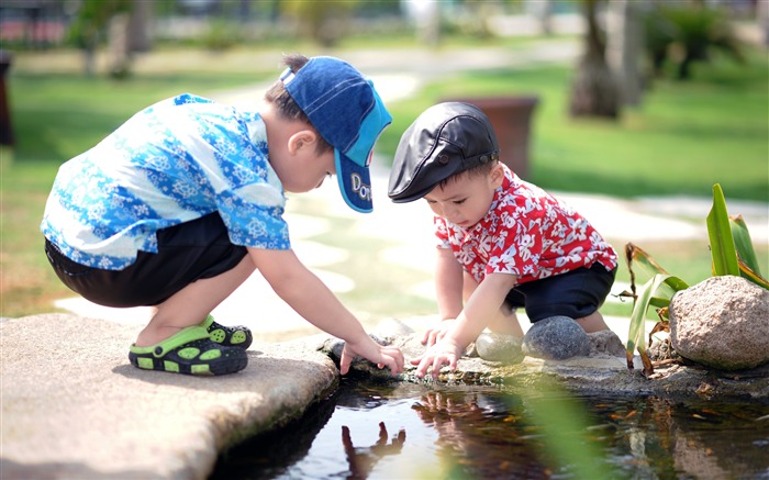 Parque, bonito, menino, piscina, brincando, alimentação de peixes Visualizações:9125