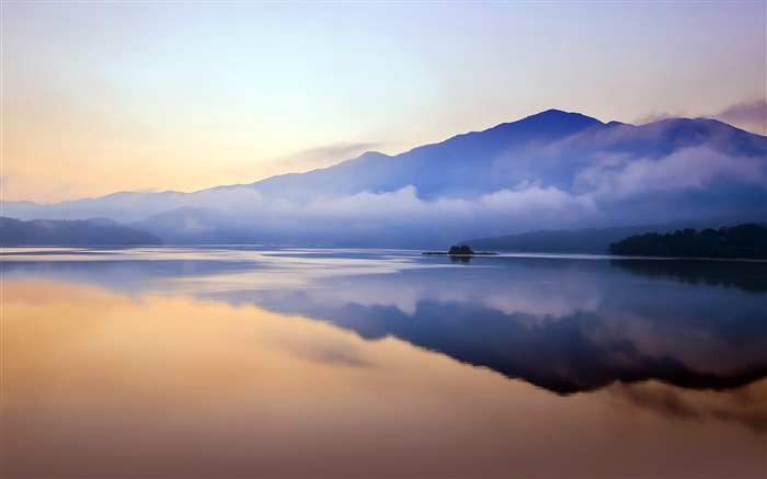 Puesta del sol, montañas, lago, naturaleza, reflexiones Vistas:10230