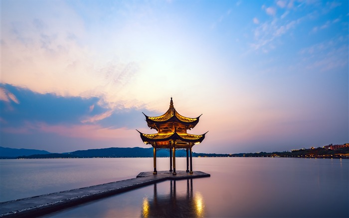 Hangzhou, West Lake, Turismo, Sunset, Rest Pavilion Vistas:14423