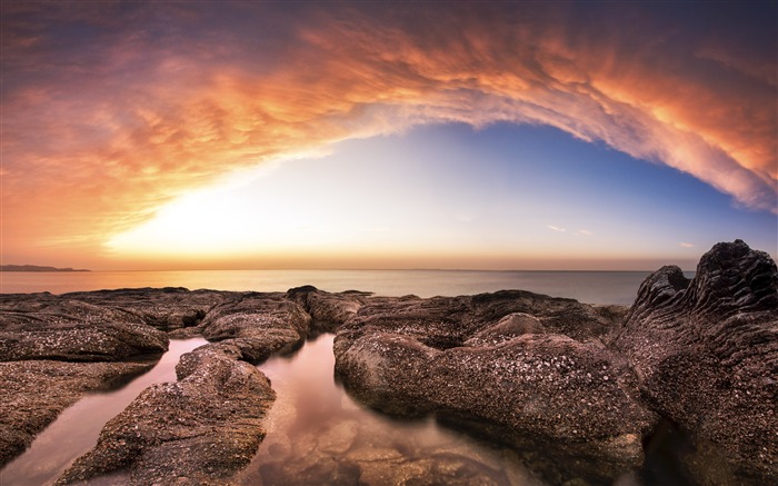 Praia, recife, arqueado, nuvens, pôr do sol, horizonte Visualizações:9066