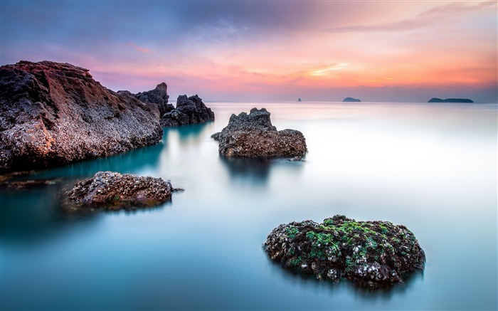 Oceano, pôr do sol, recife coral, rocha, alga Visualizações:8787