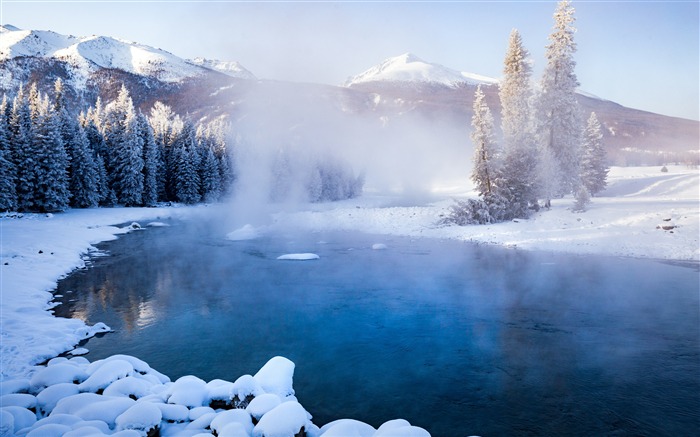 2018, invierno, selva, río, nieve, niebla, paisaje Vistas:10986