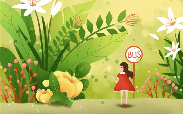 Mignon, fille, bus, fleurs, illustration, art Vues:9265