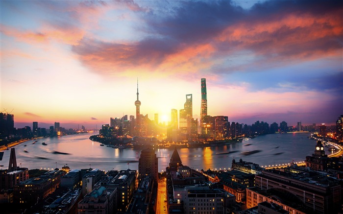 Shanghai, Lujiazui, río Huangpu, puesta de sol, paisajes Vistas:9507