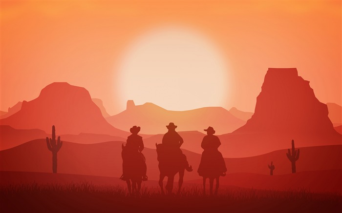 Americano, occidental, vaquero, rojo atardecer, ilustración Vistas:14441