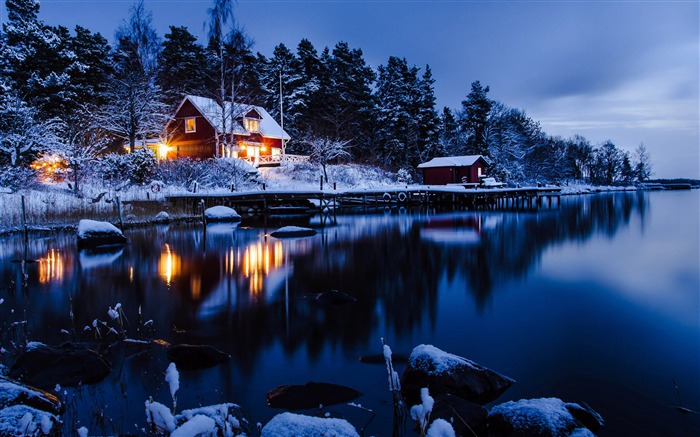 Casa de Madera, Lago, Selva, Invierno, Noche Vistas:9844