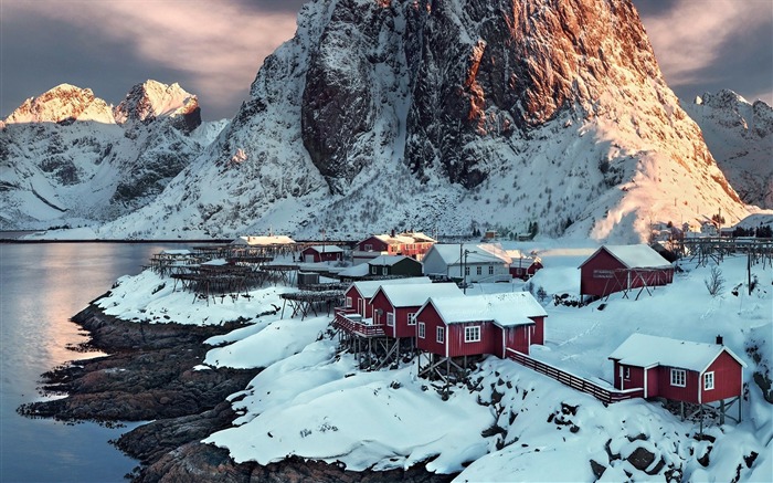 Invierno, Noruega, Pueblo, Hamnoy, Atardecer, Lago Vistas:13445