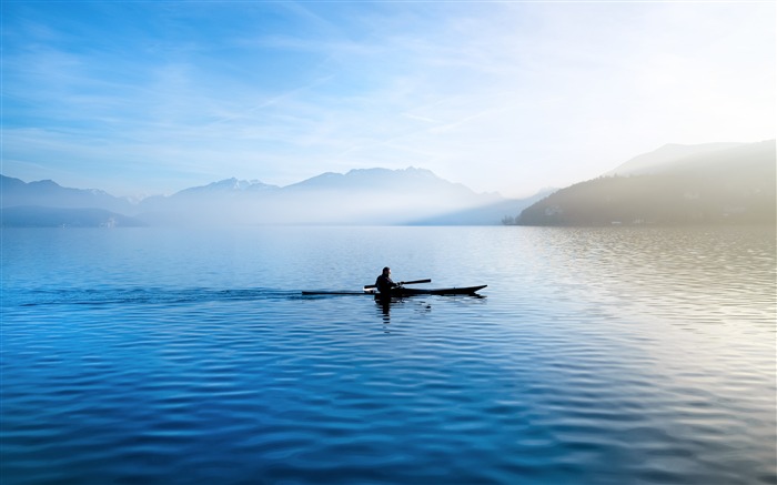 Lago, montanhas, manhã, barco, paisagem Visualizações:12208