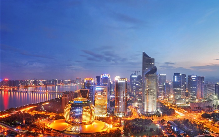 Hangzhou, paisaje de la ciudad, Noche, HD, Fotografía Vistas:12991